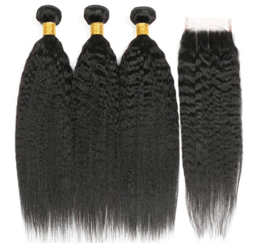 OEM  Yaki Straight Hair Weave 10A 100% Human Hair Weave With Closure For Sports